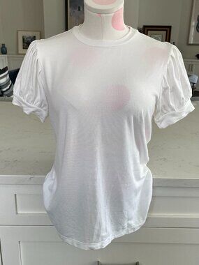 AK Anne Klein Casual Pleated Puff Sleeve Crew Neck Soft Neutral Top Off White M